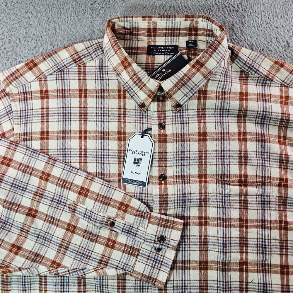 NWT Roundtree & Yorke Portuguese Flannel Shirt Men 4XB Beige Brown Plaid